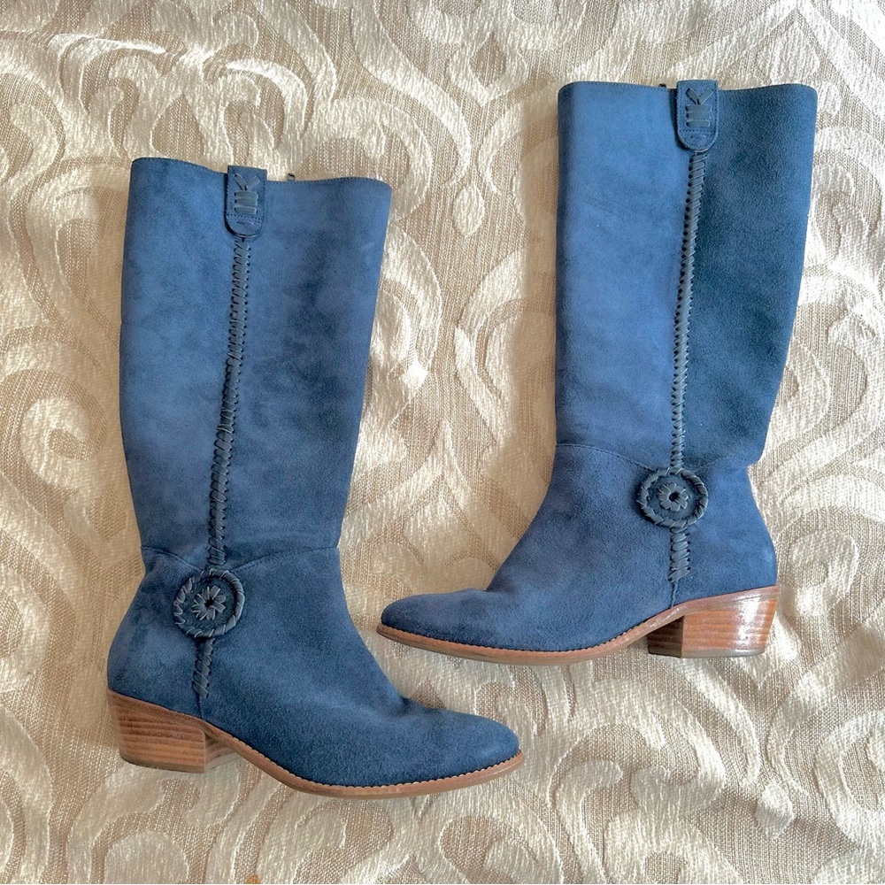 Jack Rogers Sawyer Suede Blue Tall Heeled Boots Whip Lace Side Zip sz 6